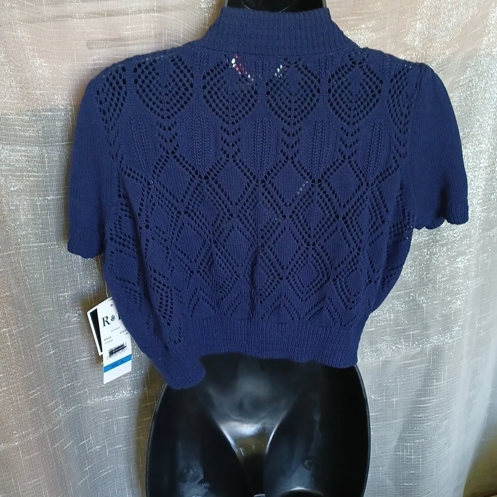 kids R&K short sleeve crocheted cardigan, Navy, NWT,  XL